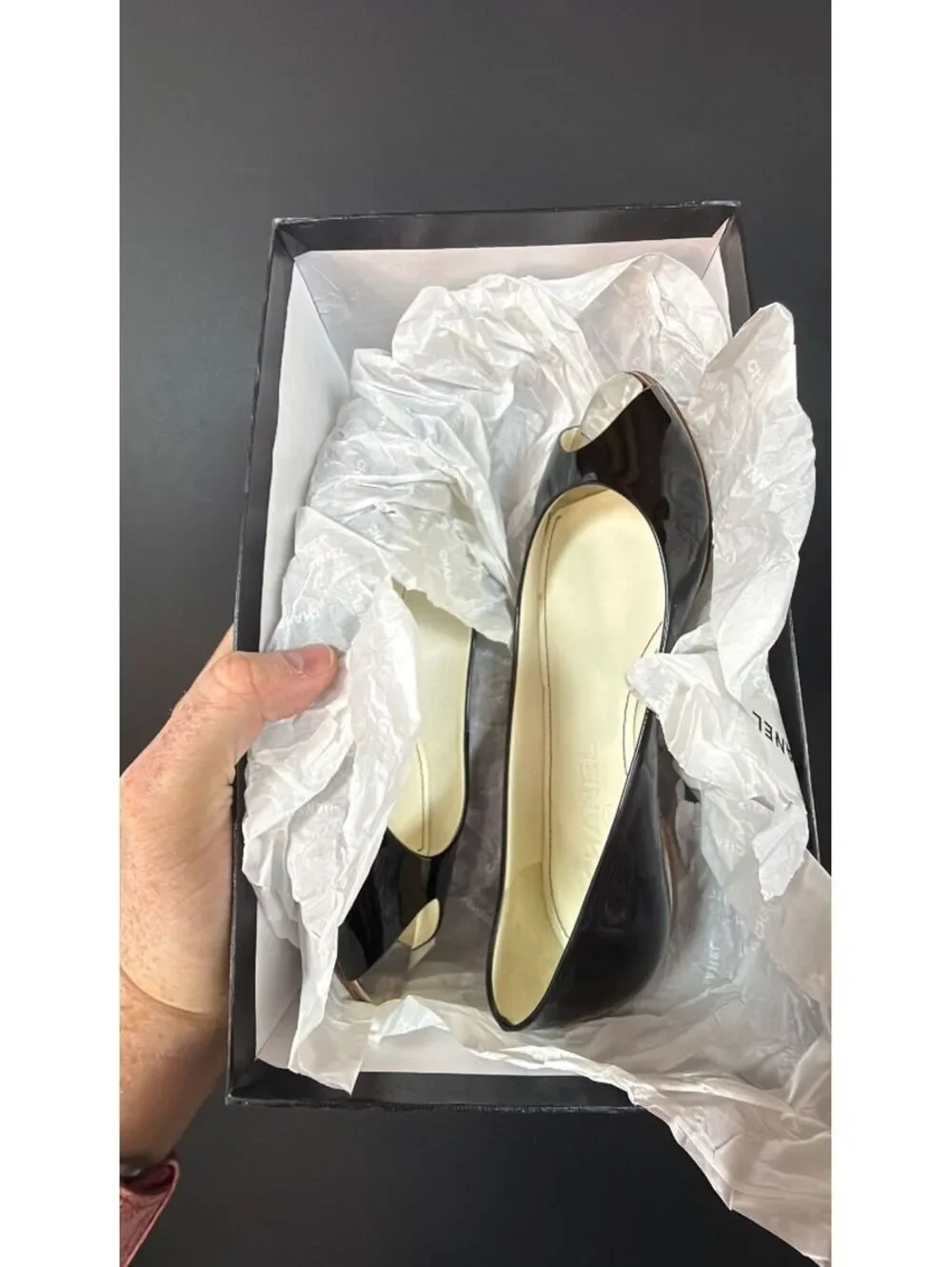 Chanel Black Metallic Peep Toe Patent Flats Size 36.5